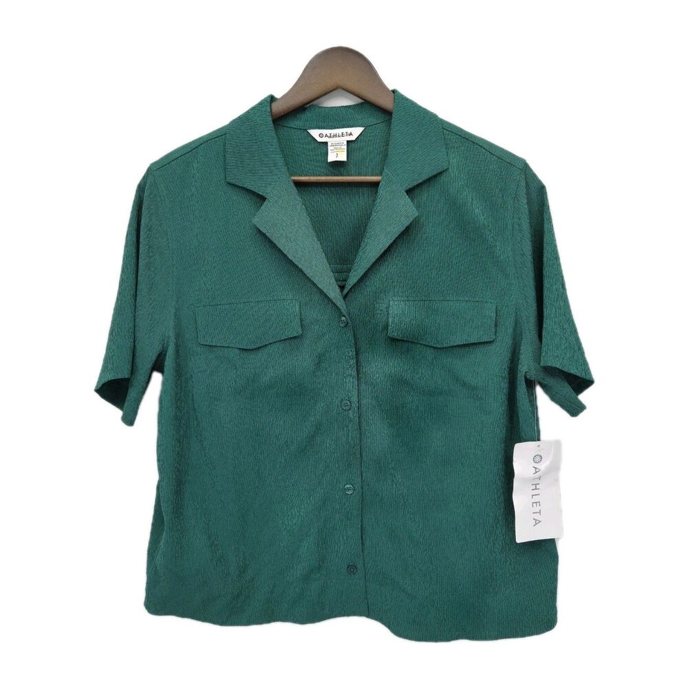 New Athleta Lightweight Echo Top Collared Button Down Shirt Emerald Green Small